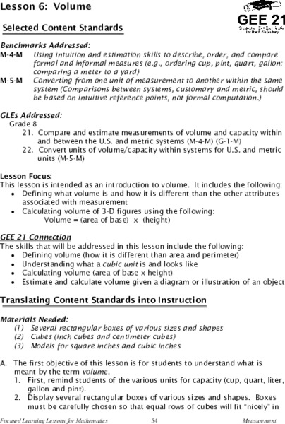 Volume Lesson Plan Volume Lesson Plan