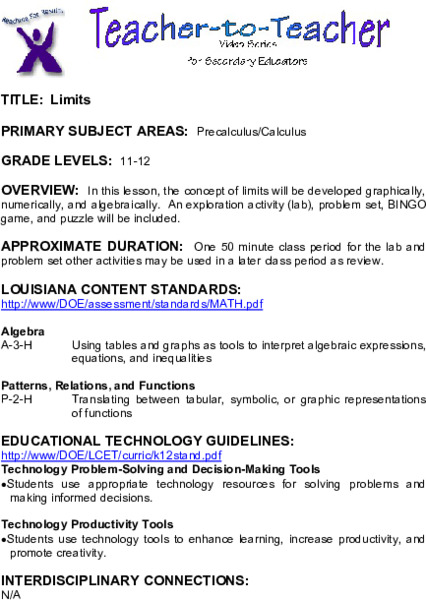 Limits Lesson Plan Limits Lesson Plan
