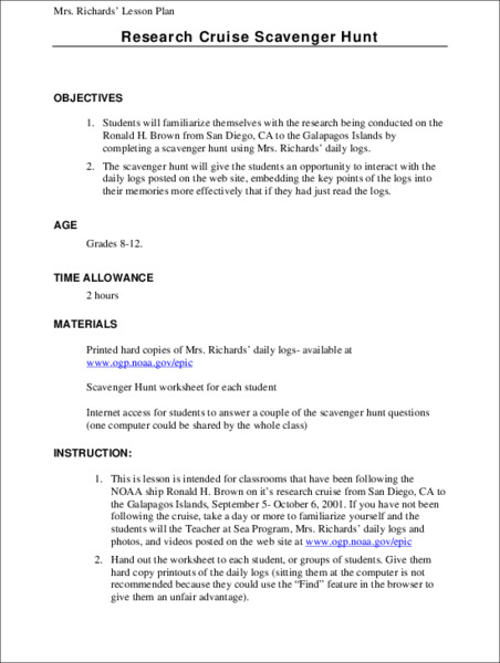 Research Cruise Scavenger Hunt Lesson Plan Research Cruise Scavenger Hunt Lesson Plan