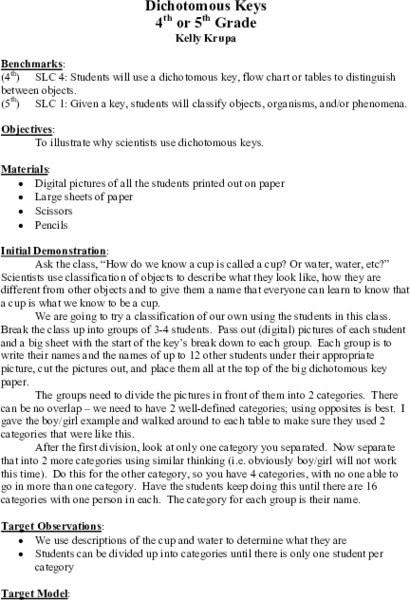 Dichotomous Keys Lesson Plan Dichotomous Keys Lesson Plan