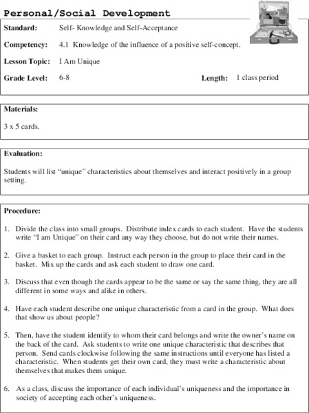 I Am Unique Lesson Plan I Am Unique Lesson Plan