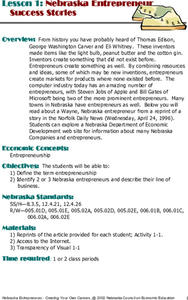 Nebraska Entrepreneur Success Stories Lesson Plan Nebraska Entrepreneur Success Stories Lesson Plan
