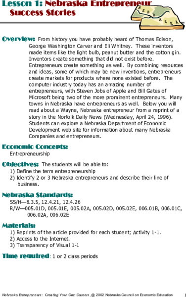 Nebraska Entrepreneur Success Stories Lesson Plan Nebraska Entrepreneur Success Stories Lesson Plan