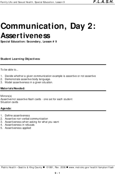 Communication, Day 2: Assertiveness Lesson Plan Communication, Day 2: Assertiveness Lesson Plan