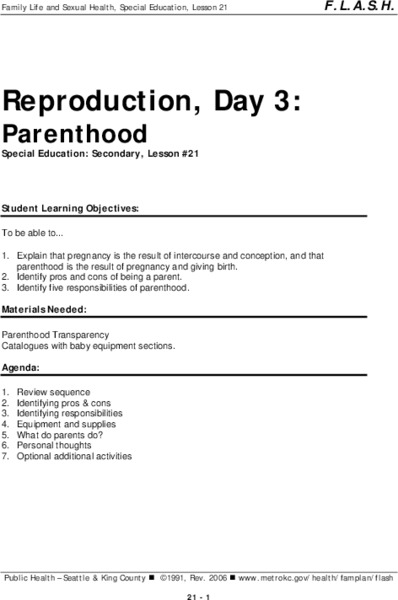 Reproduction, Day 3: Parenthood Lesson Plan Reproduction, Day 3: Parenthood Lesson Plan