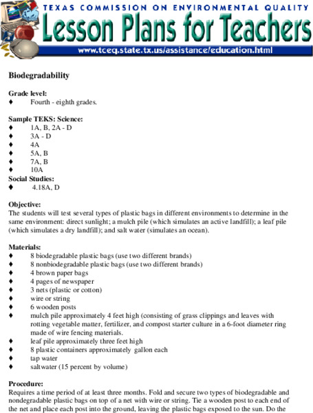 Biodegradability Lesson Plan Biodegradability Lesson Plan