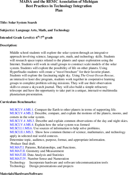 Solar System Search Lesson Plan Solar System Search Lesson Plan