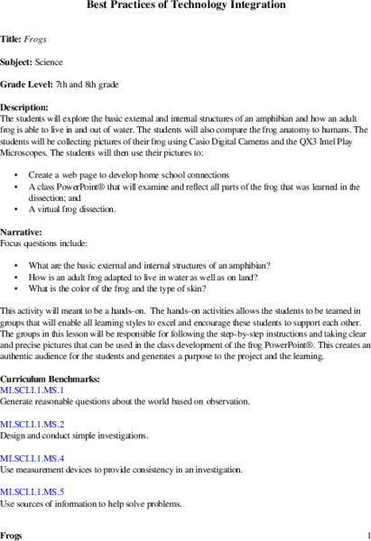 Frogs Lesson Plan Frogs Lesson Plan