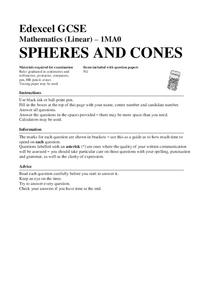 Spheres and Cones Assessment Spheres and Cones Assessment