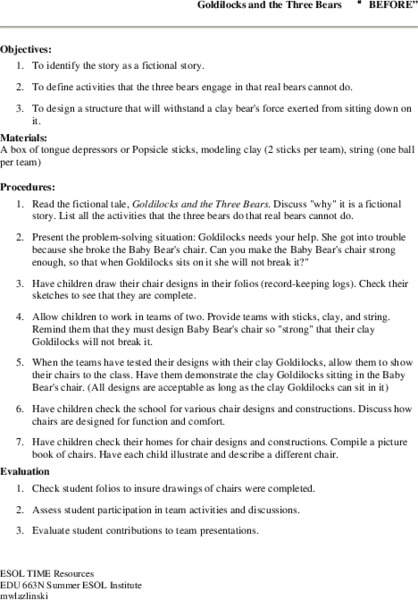 Goldilocks and the Three Bears Lesson Plan Goldilocks and the Three Bears Lesson Plan