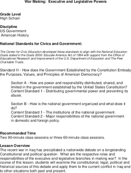 War Making: Executive and Legislative Powers Lesson Plan War Making: Executive and Legislative Powers Lesson Plan