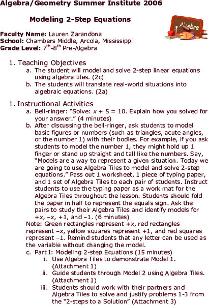 Modeling Two Step Equations Lesson Plan Modeling Two Step Equations Lesson Plan