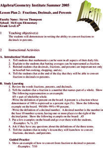 Fractions, Decimals, and Percents Lesson Plan Fractions, Decimals, and Percents Lesson Plan