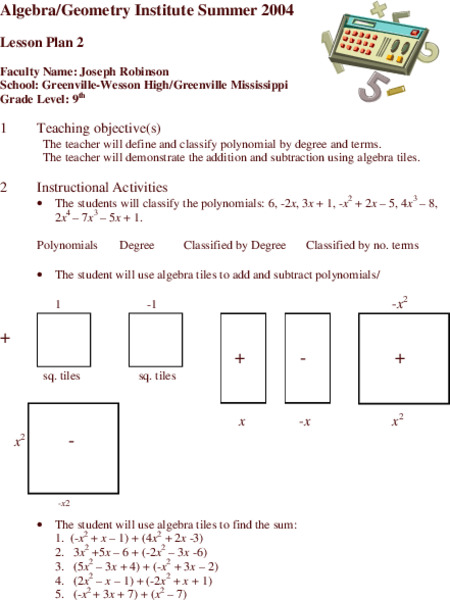 Polynomials Lesson Plan Polynomials Lesson Plan