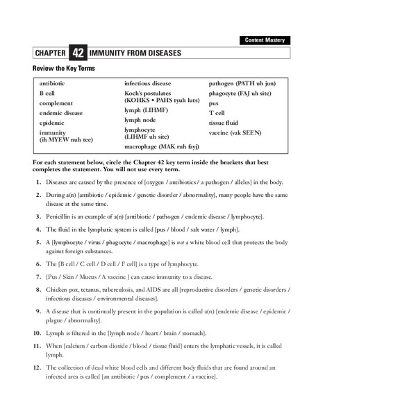 Immunity From Diseases Worksheet Immunity From Diseases Worksheet