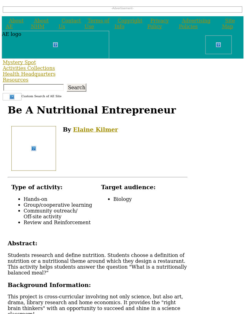 Be A Nutritional Entrepreneur Lesson Plan Be A Nutritional Entrepreneur Lesson Plan