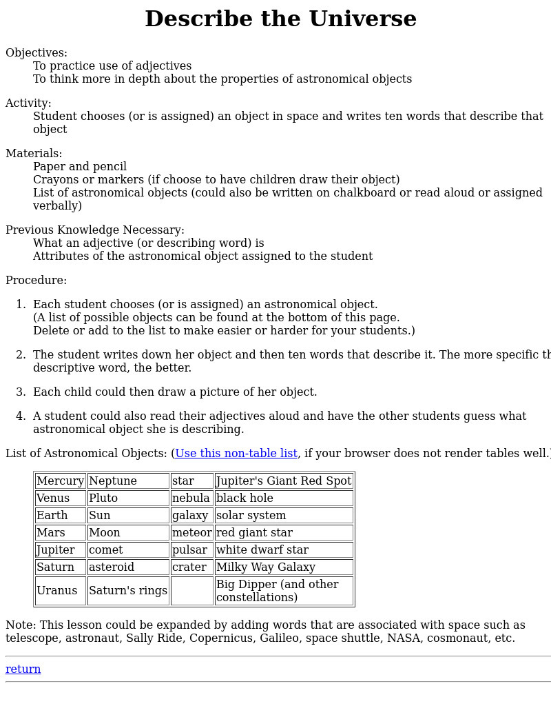 Describe the Universe Lesson Plan Describe the Universe Lesson Plan