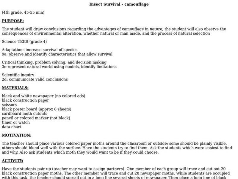 Insect Survival - Camouflage Lesson Plan Insect Survival - Camouflage Lesson Plan