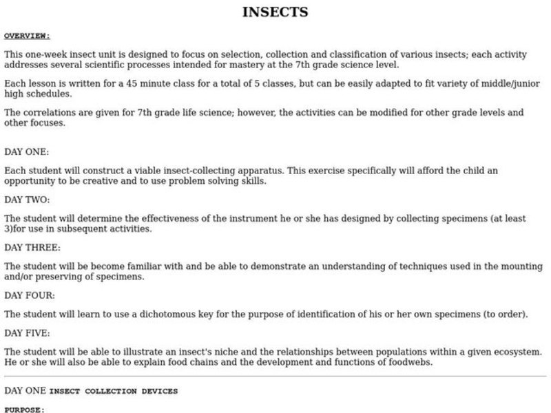 Insects Unit Plan Insects Unit Plan