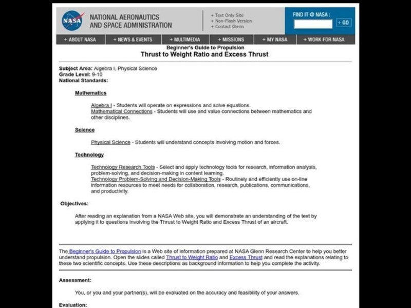 Thrust to Weight Ratio and Excess Thrust Lesson Plan Thrust to Weight Ratio and Excess Thrust Lesson Plan