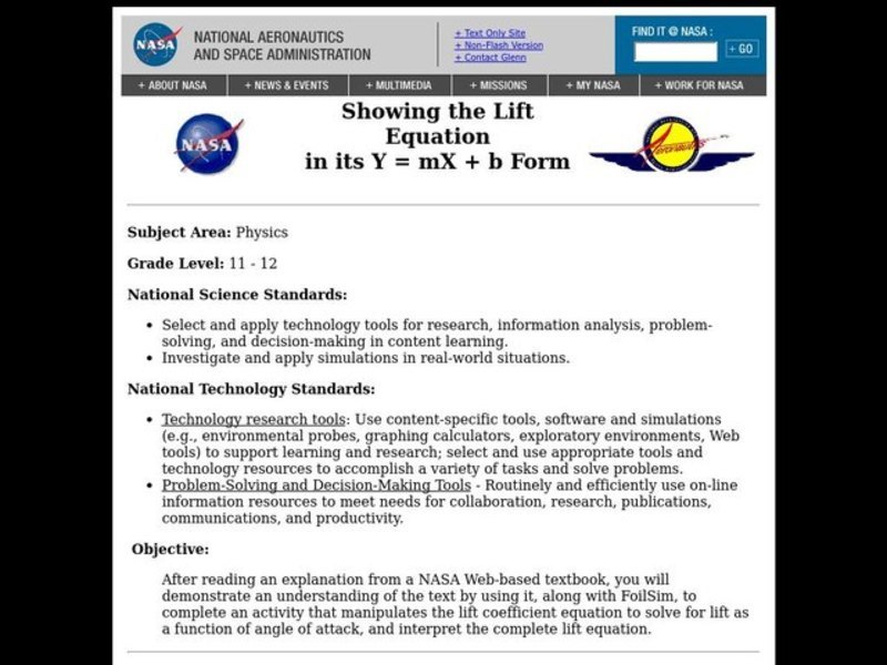 Showing the Lift Equation Lesson Plan Showing the Lift Equation Lesson Plan