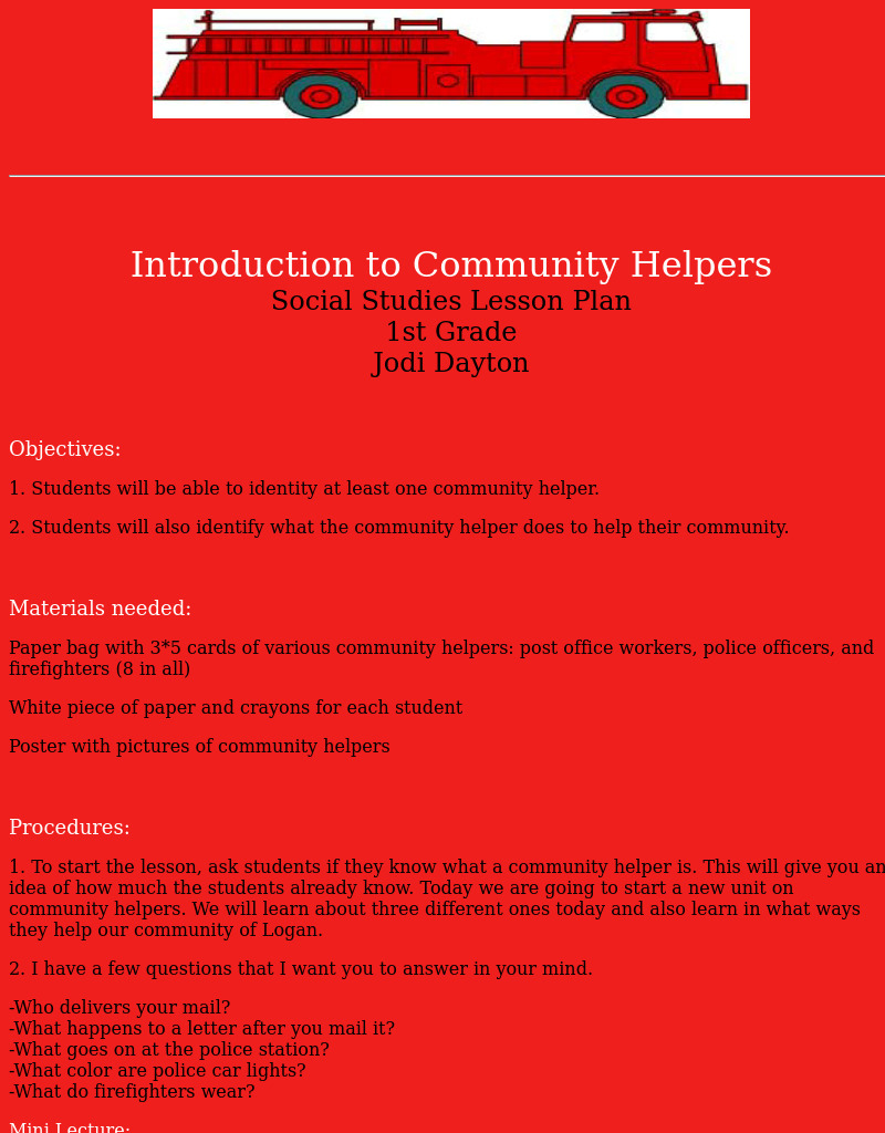 Introduction to Community Helpers Lesson Plan Introduction to Community Helpers Lesson Plan