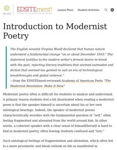 Introduction to Modernist Poetry Lesson Plan Introduction to Modernist Poetry Lesson Plan