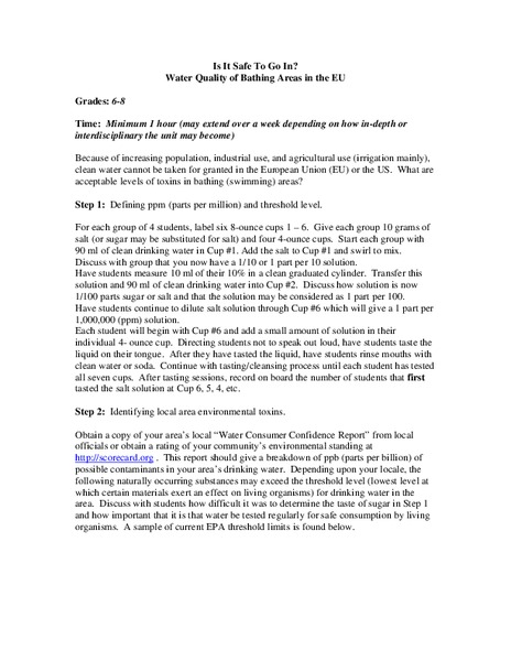 Is It Safe to Go In? Water Quality of Bathing Areas in the EU Lesson Plan Is It Safe to Go In? Water Quality of Bathing Areas in the EU Lesson Plan