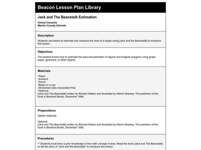 Jack and The Beanstalk Estimation Lesson Plan Jack and The Beanstalk Estimation Lesson Plan