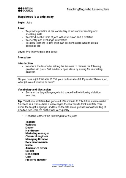 Jobs Lesson Plan Jobs Lesson Plan