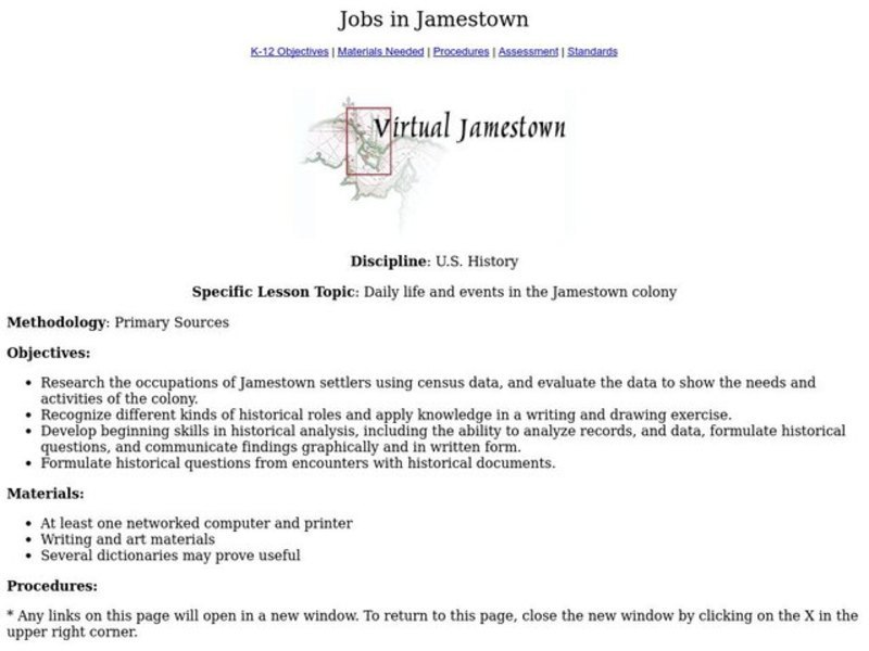 Jobs in Jamestown Lesson Plan Jobs in Jamestown Lesson Plan