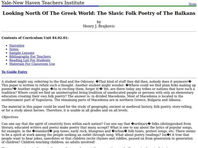 Looking North Of The Greek World: The Slavic Folk Poetry of The Balkans Unit Looking North Of The Greek World: The Slavic Folk Poetry of The Balkans Unit