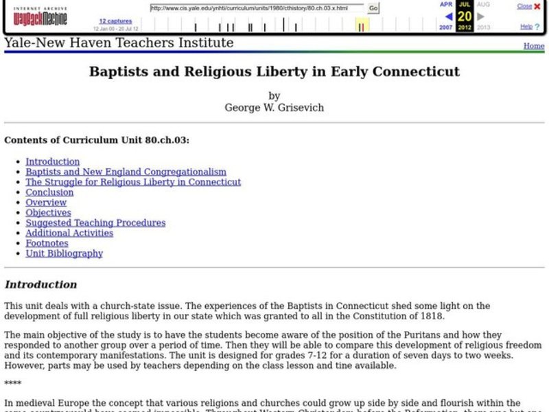 Baptists and Religious Liberty in Early Connecticut Lesson Plan Baptists and Religious Liberty in Early Connecticut Lesson Plan