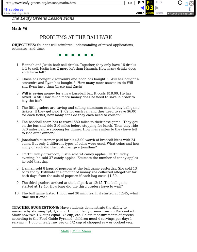 Problems at the Ballpark Lesson Plan Problems at the Ballpark Lesson Plan
