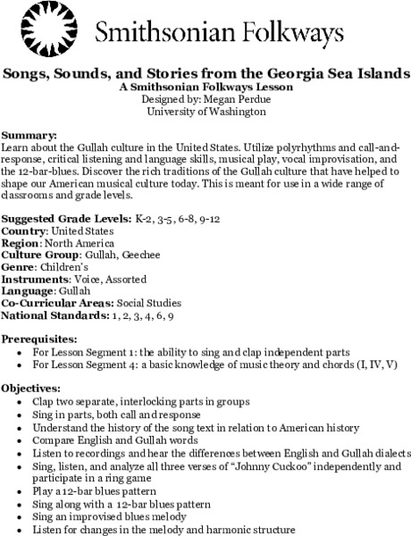 Songs, Sounds and Stories from the Georgia Sea Islands Lesson Plan Songs, Sounds and Stories from the Georgia Sea Islands Lesson Plan