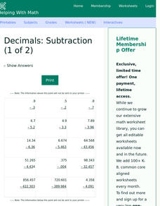 Subtraction Decimals Worksheet Subtraction Decimals Worksheet