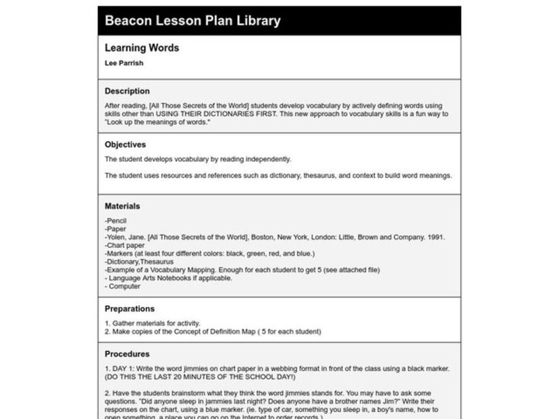 Learning Words Lesson Plan Learning Words Lesson Plan