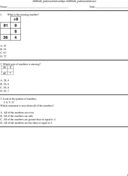 Patterns Relationship Worksheet Patterns Relationship Worksheet