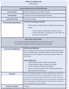 Financial Exchanges Lesson Plan Financial Exchanges Lesson Plan