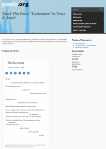Teach This Poem: “Declaration” by Tracy K. Smith Lesson Plan Teach This Poem: “Declaration” by Tracy K. Smith Lesson Plan