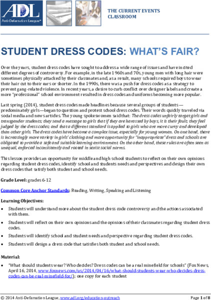 Student Dress Codes: What's Fair? Lesson Plan Student Dress Codes: What's Fair? Lesson Plan