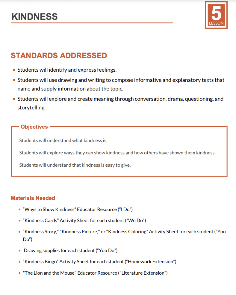 Kindness Lesson Plan Kindness Lesson Plan