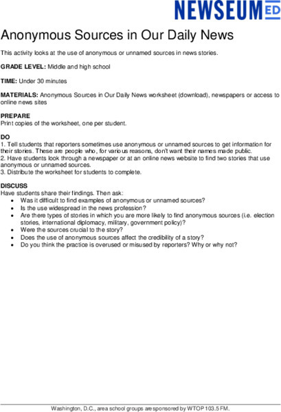 Anonymous Sources in Our Daily News Lesson Plan Anonymous Sources in Our Daily News Lesson Plan