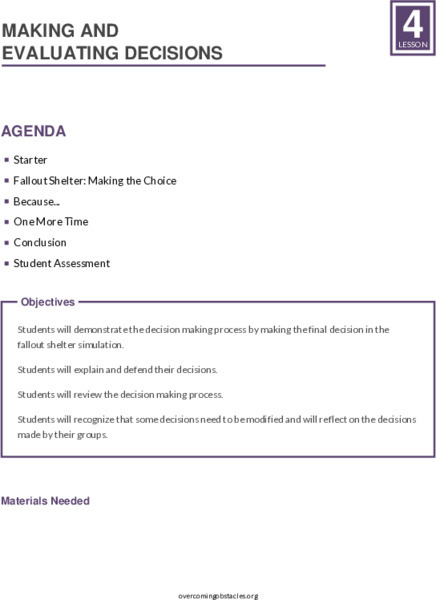 Making and Evaluating Decisions Lesson Plan Making and Evaluating Decisions Lesson Plan