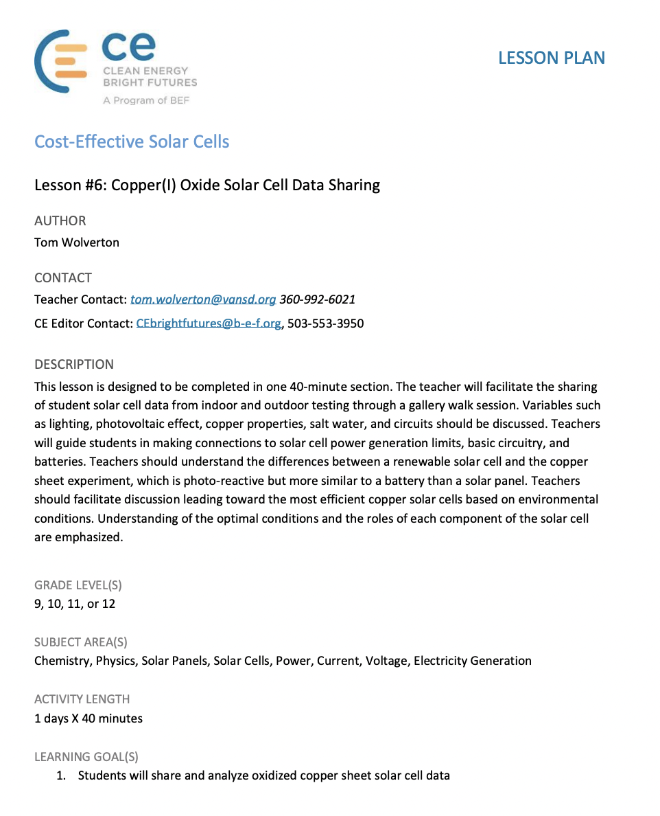 Copper Oxide Cell Data Sharing Lesson Plan Copper Oxide Cell Data Sharing Lesson Plan