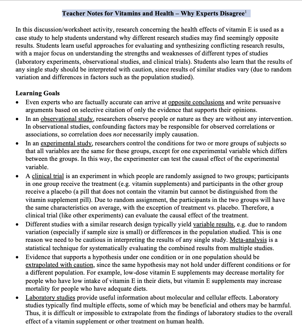 Vitamins and Health – Why Experts Disagree Activity Vitamins and Health – Why Experts Disagree Activity