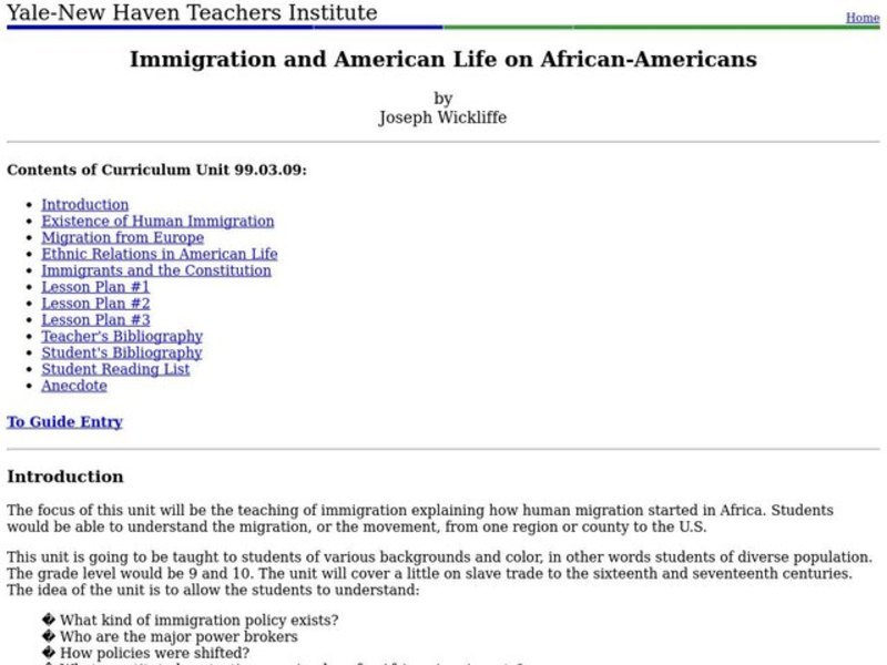 Immigration and American Life on African-Americans Lesson Plan Immigration and American Life on African-Americans Lesson Plan