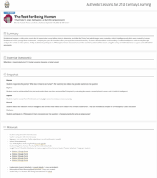 The Test for Being Human: Thematic Links Between AI and Frankenstein Lesson Plan The Test for Being Human: Thematic Links Between AI and Frankenstein Lesson Plan