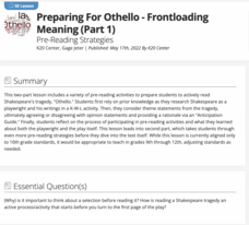 Preparing for Othello - Frontloading Meaning (Part 1): Pre-reading Strategies Lesson Plan Preparing for Othello - Frontloading Meaning (Part 1): Pre-reading Strategies Lesson Plan