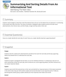 Summarizing and Sorting Details from an Informational Text: Identifying the Main Idea Lesson Plan Summarizing and Sorting Details from an Informational Text: Identifying the Main Idea Lesson Plan